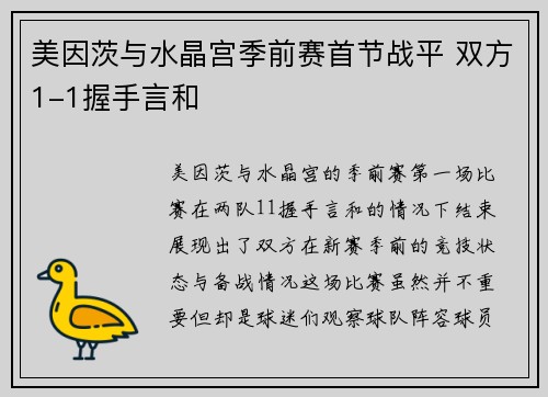 美因茨与水晶宫季前赛首节战平 双方1-1握手言和