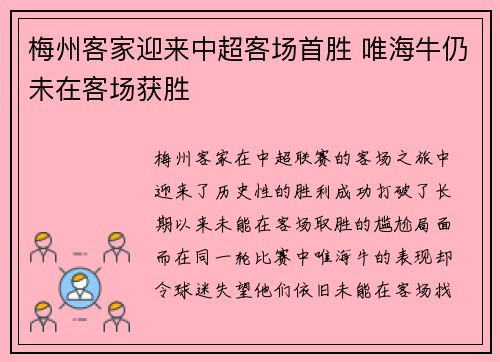 梅州客家迎来中超客场首胜 唯海牛仍未在客场获胜