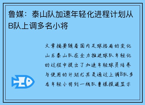 鲁媒：泰山队加速年轻化进程计划从B队上调多名小将